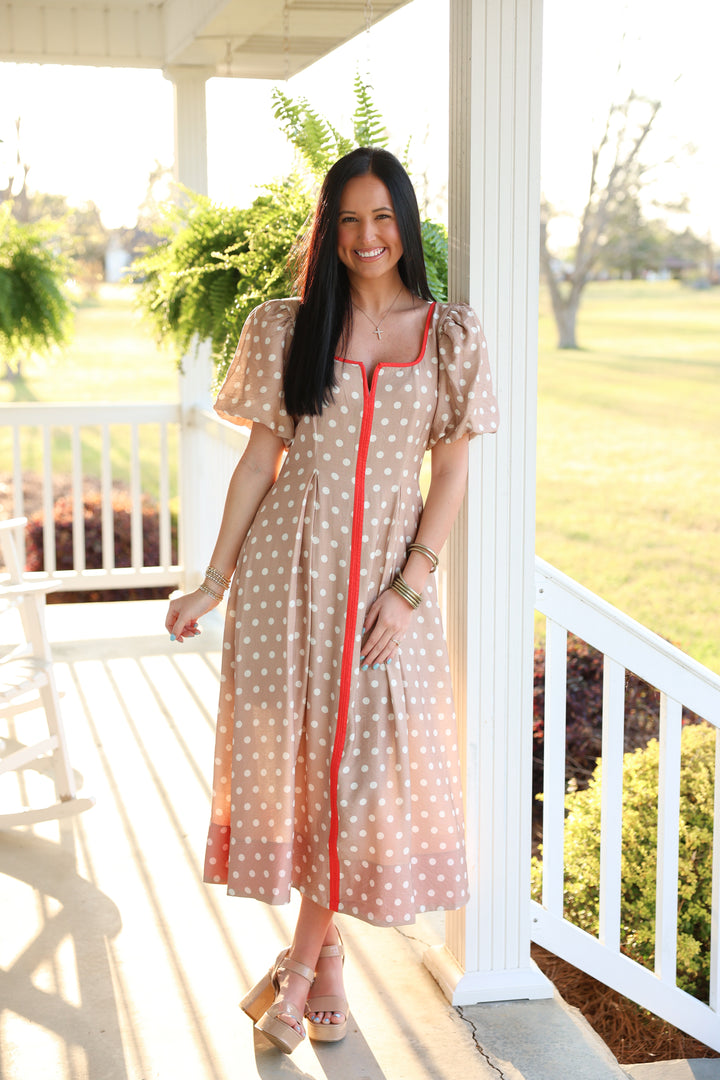 Polka Dot Short Puff Sleeve Midi Dress "Sand"