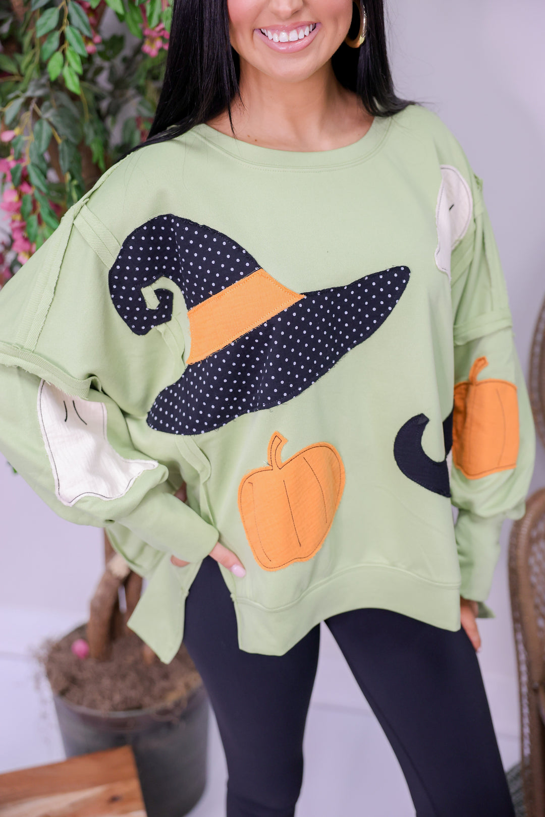 Halloween Theme Patchwork Oversized Sweatshirt "Light Olive"