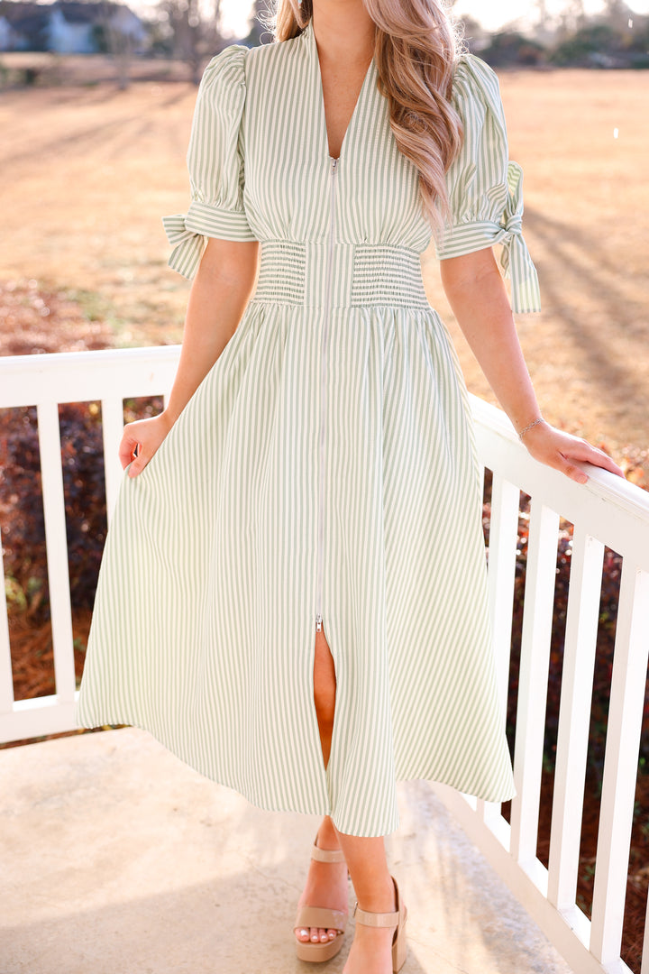 Giddy Gracious Striped Zipper Dress "Sage"