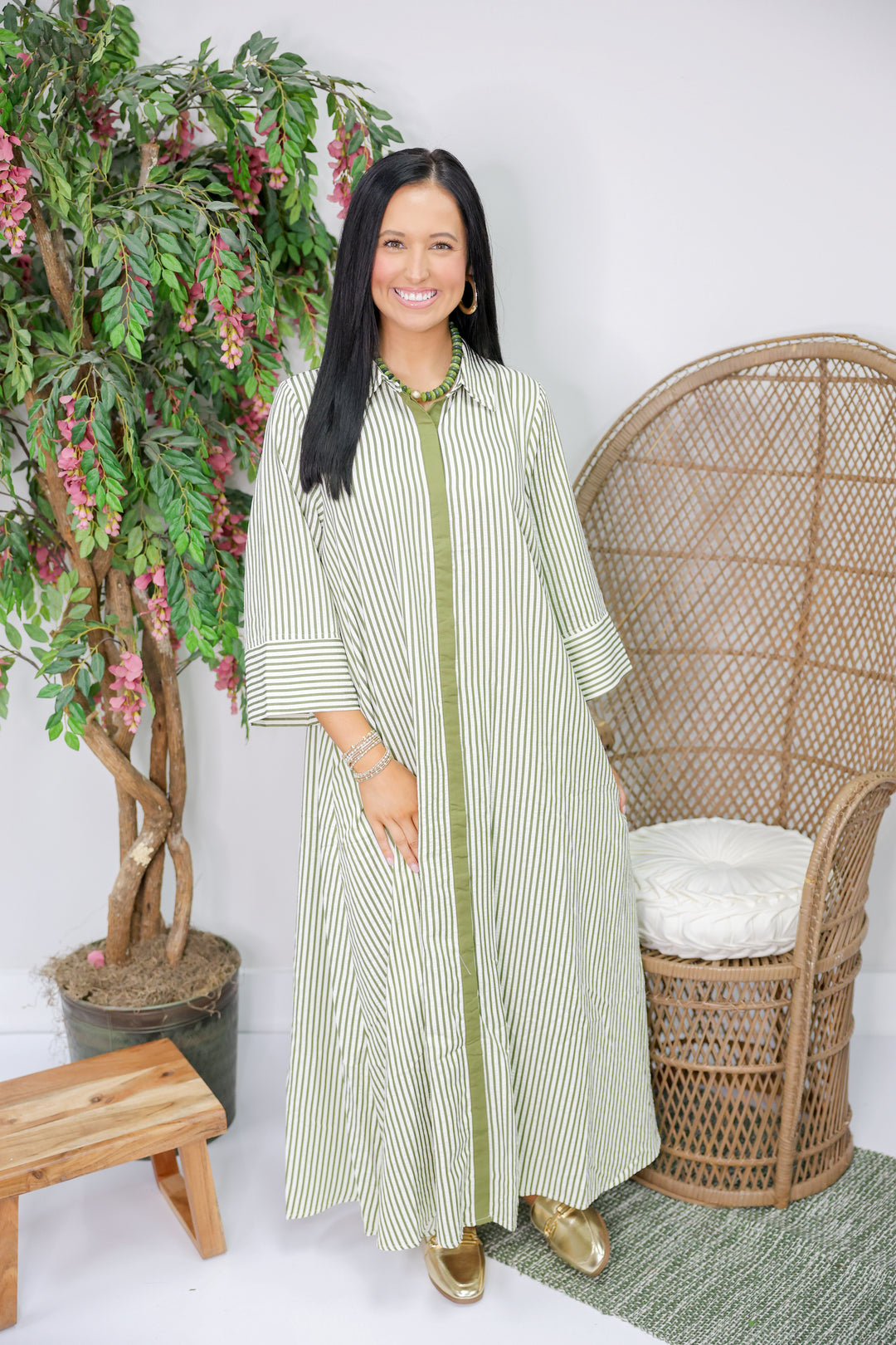 Sarah Striped 3/4 Sleeve Midi Dress "Olive"
