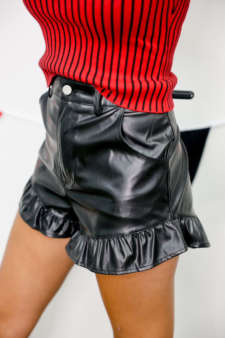 Faux Leather Ruffle Shorts "Black"