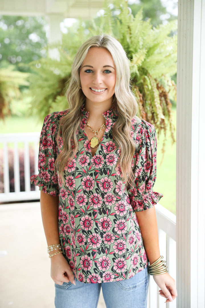 Falling Florals Top "Pink Olive"
