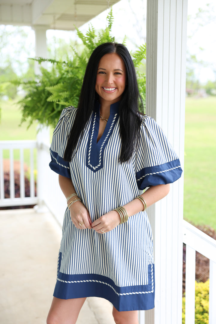 Sassy Stripes Puff Sleeve Dress "Indigo"