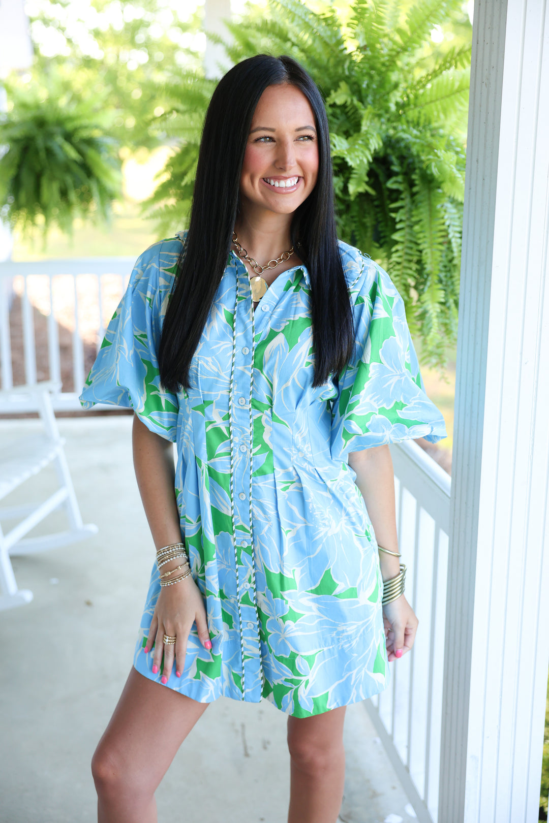 Ember Floral Puff Sleeve Mini Dress "Green/Blue"