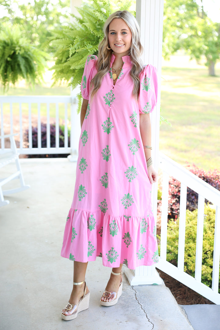 Botanical Embroidery Short Puff Sleeve Midi Dress "Pink"