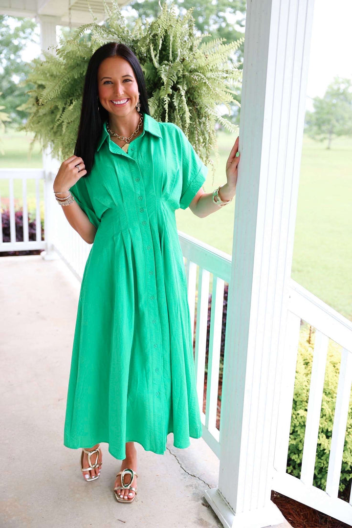 Solid Cuff Short Sleeve Pleated Midi Dress "Green"