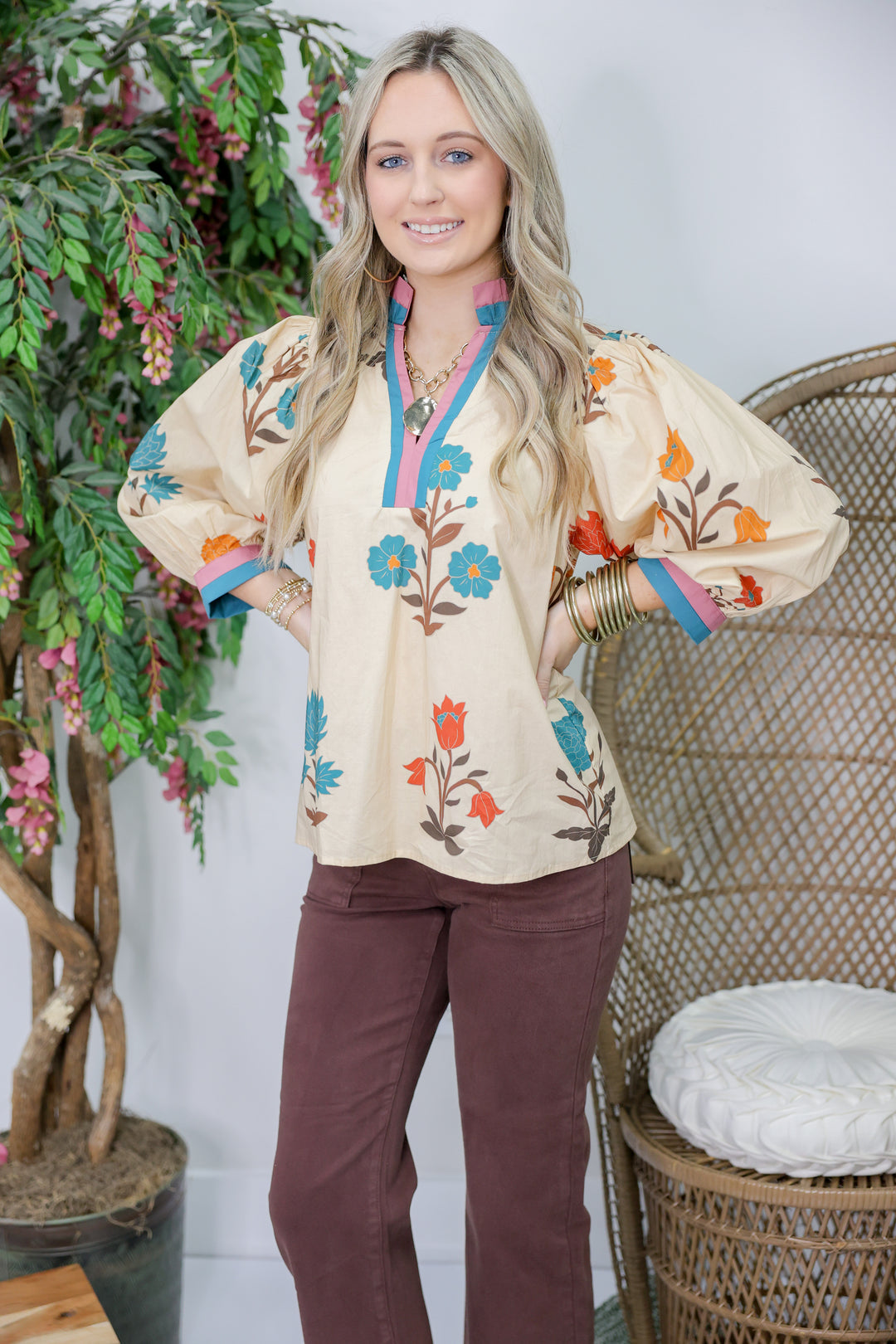 Amber Fields Floral Print Top "Ecru"