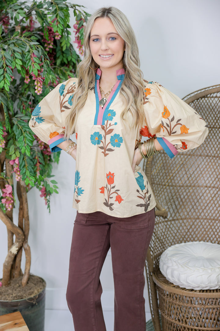 Amber Fields Floral Print Top "Ecru"