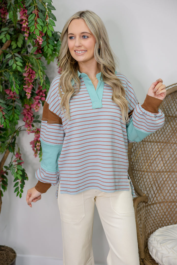 Colorblock Stripe Top "Dusty Blue"