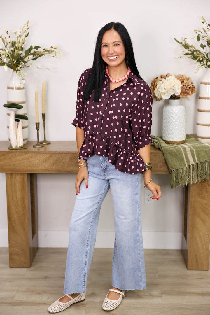 Polka Dot Short Sleeve Button Down Top "Wine/Pink"