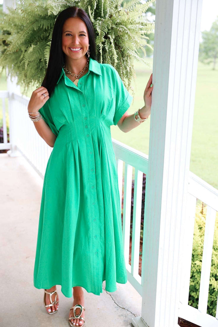 Solid Cuff Short Sleeve Pleated Midi Dress "Green"