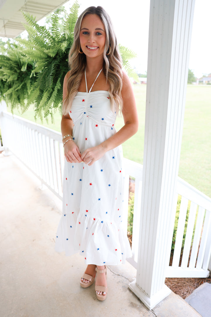 Star Embroidered Halter Midi Dress