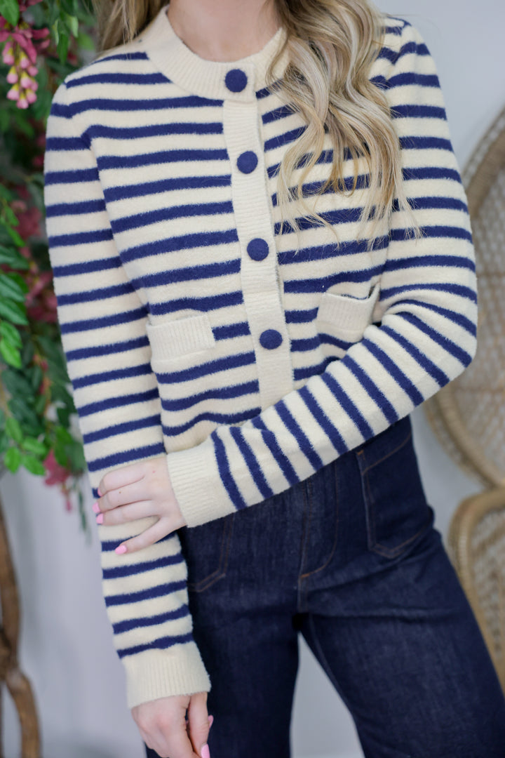 Button Down Striped Cardigan "Navy/Tan"