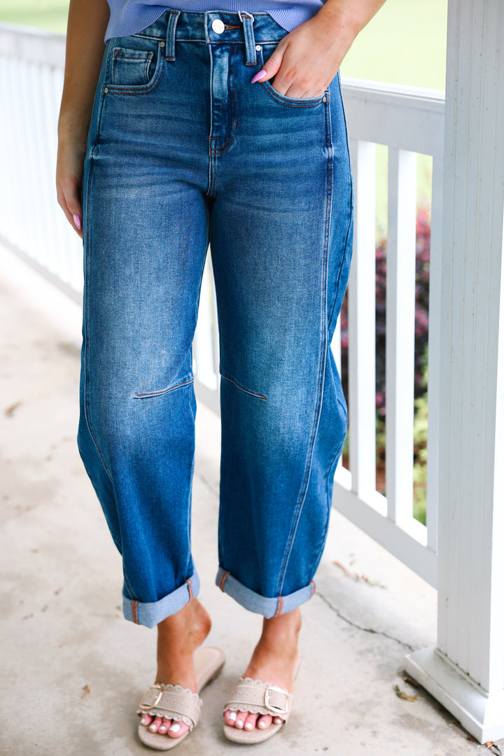 Risen - High Rise Boyfriend Cuffed Barrel Jeans "Dark Denim"
