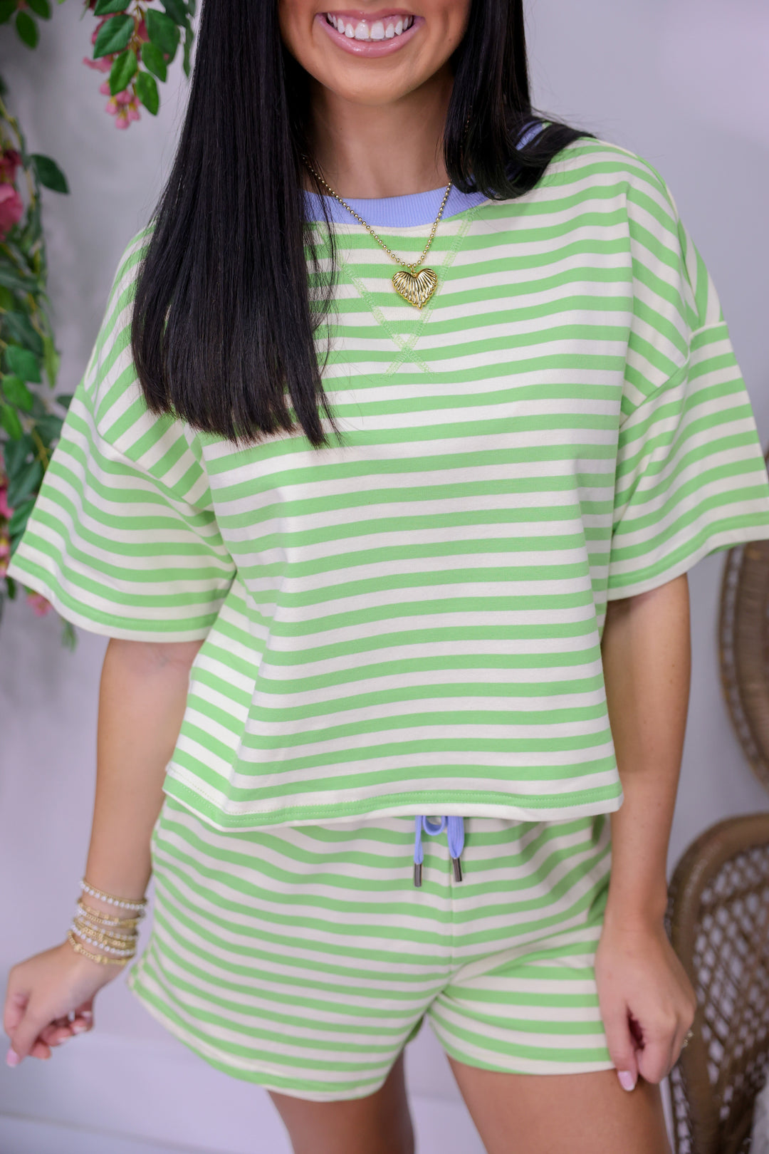 Striped Terry Shorts Set "Honeydew/Periwinkle"