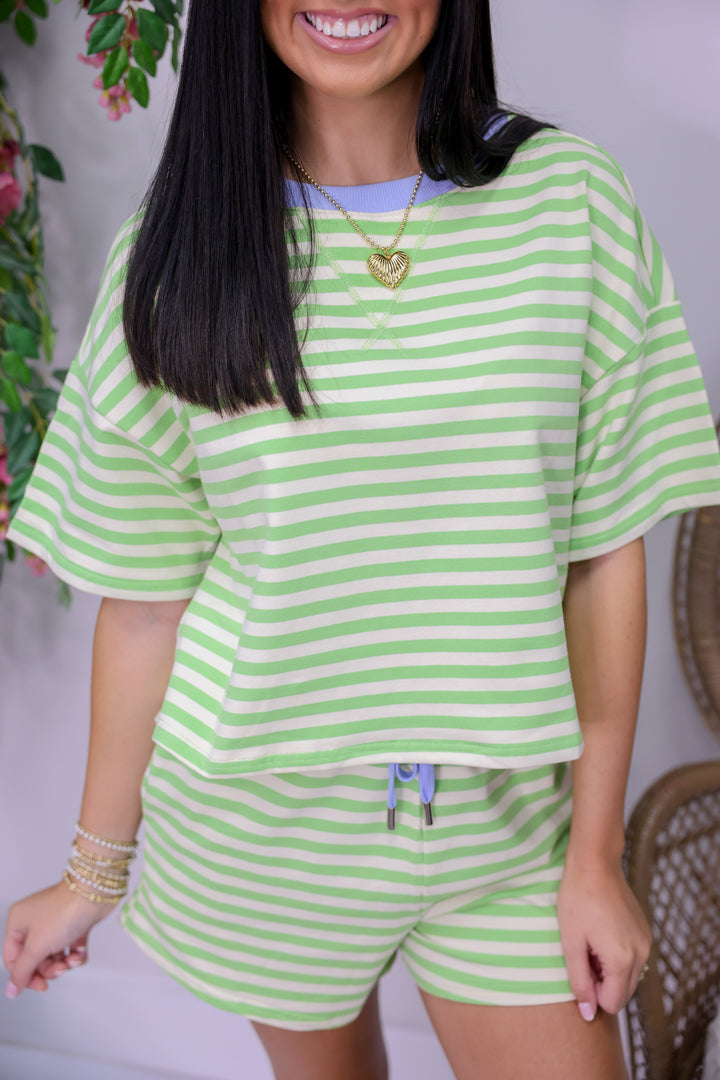 Striped Terry Shorts Set "Honeydew/Periwinkle"