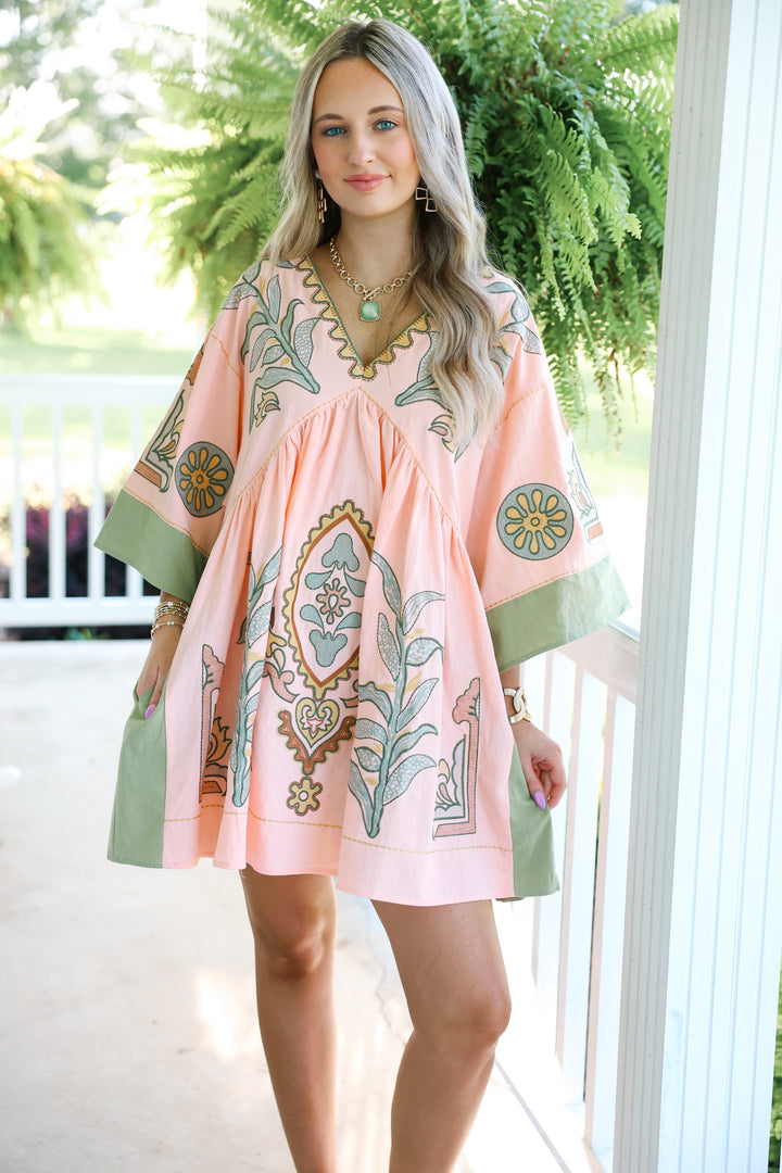 Floral Embroidered V-Neck Mini Dress "Salmon/Sage"