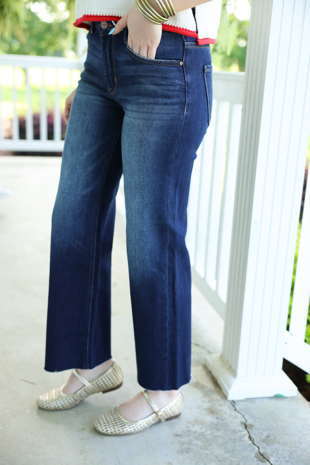 Risen - Mid Rise Crop Straight Clean Cut Hem Jeans "Deep Blue"