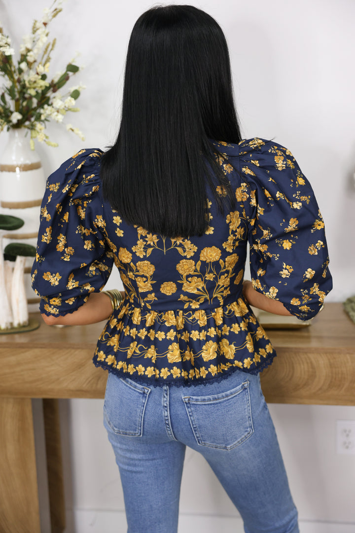Arya Floral Puff Sleeve Blouse "Navy/Gold"