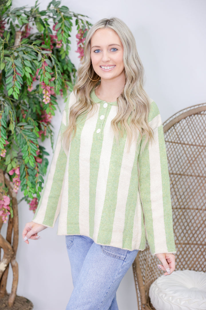 Striped Sweater Top With Front Buttoned "LT Olive"