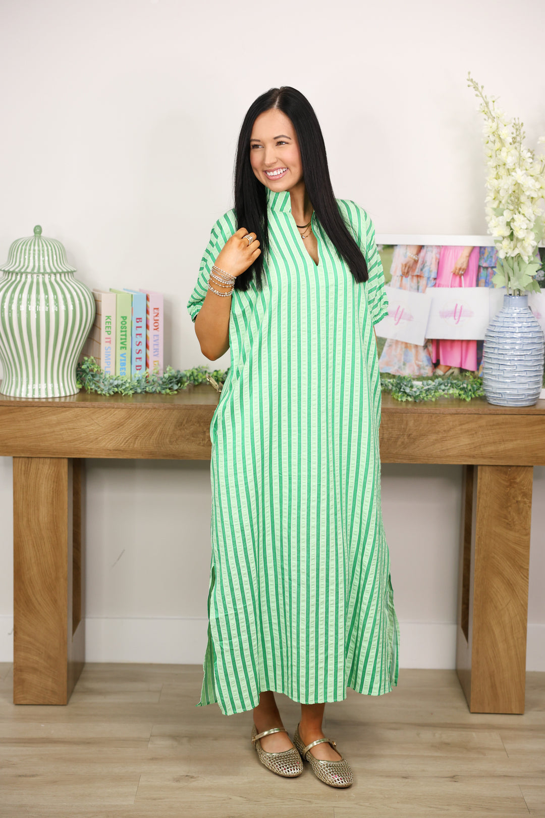 Stripe Textured Mini Dress "Green"
