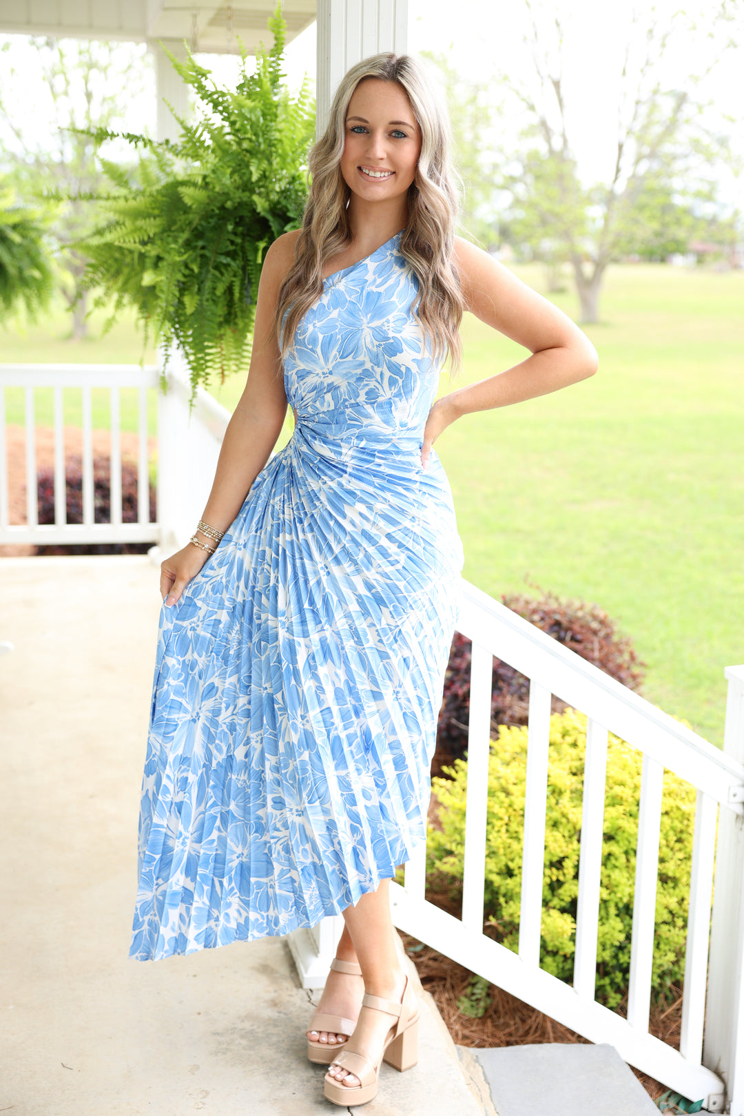 Blue Skies & Blooms Pleated Midi Dress