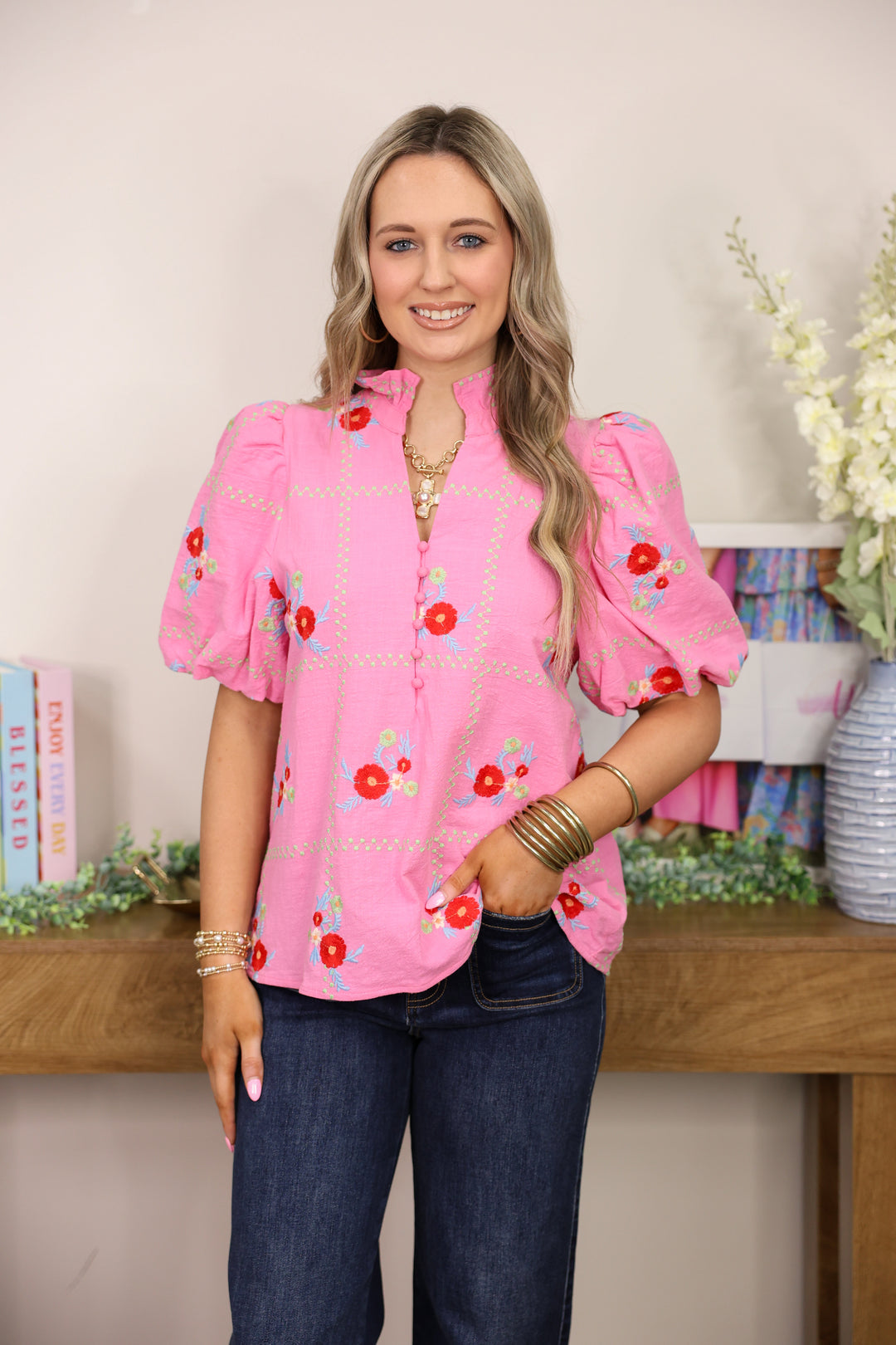 Floral Embroidered Top "Pink"