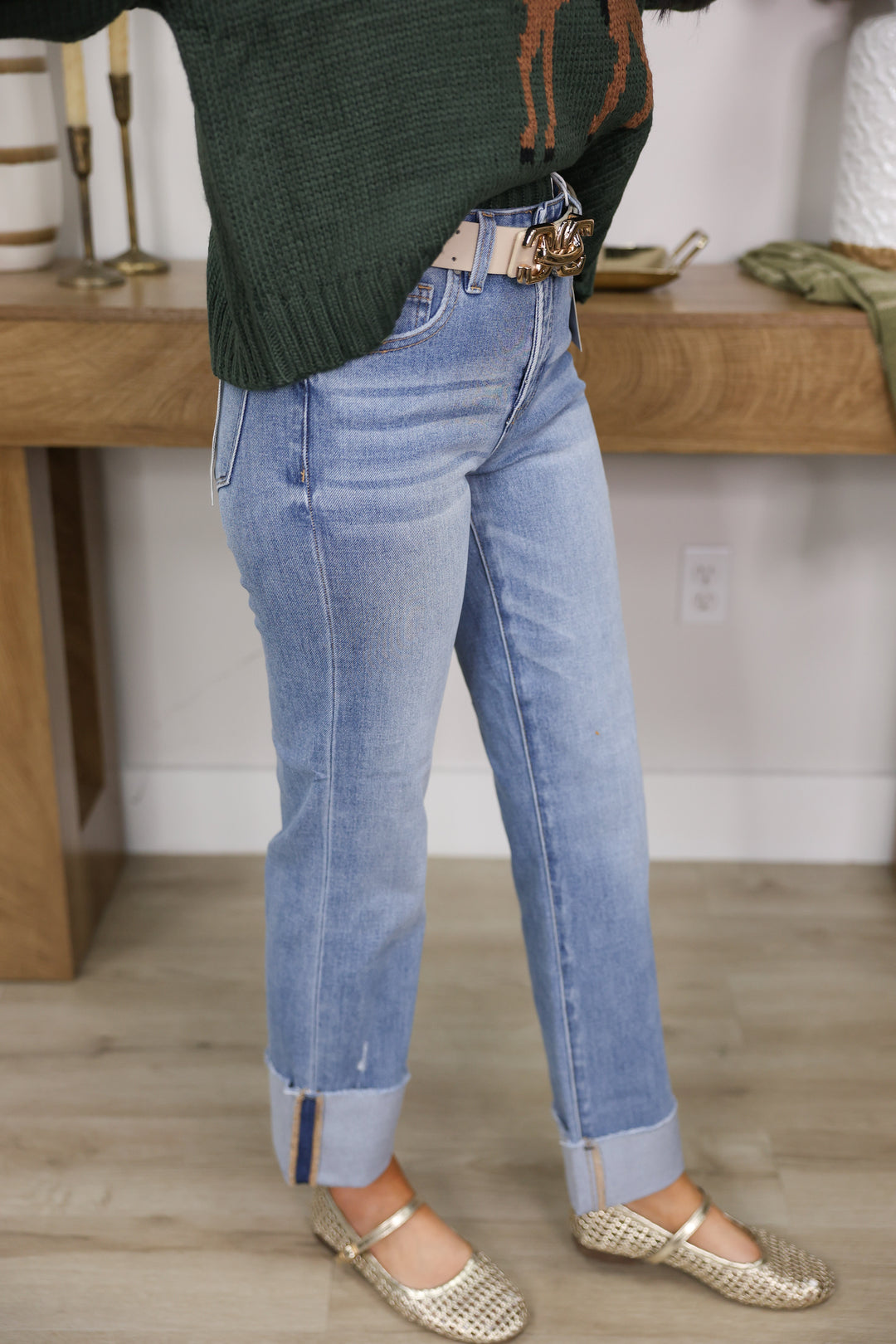 Risen - TC 4 Way Stretch Mid Rise Crop Straight Cuffed Jeans "Medium"