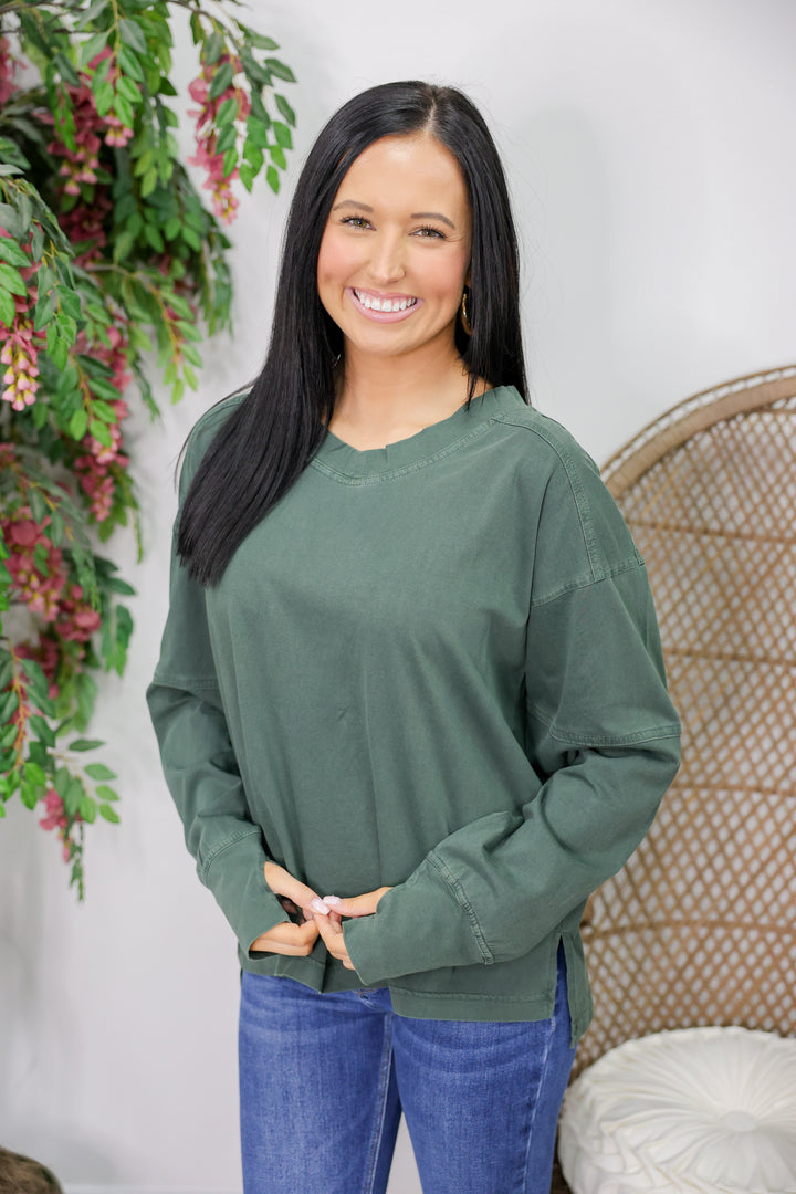 Pigment Washed V-Neck LS Top