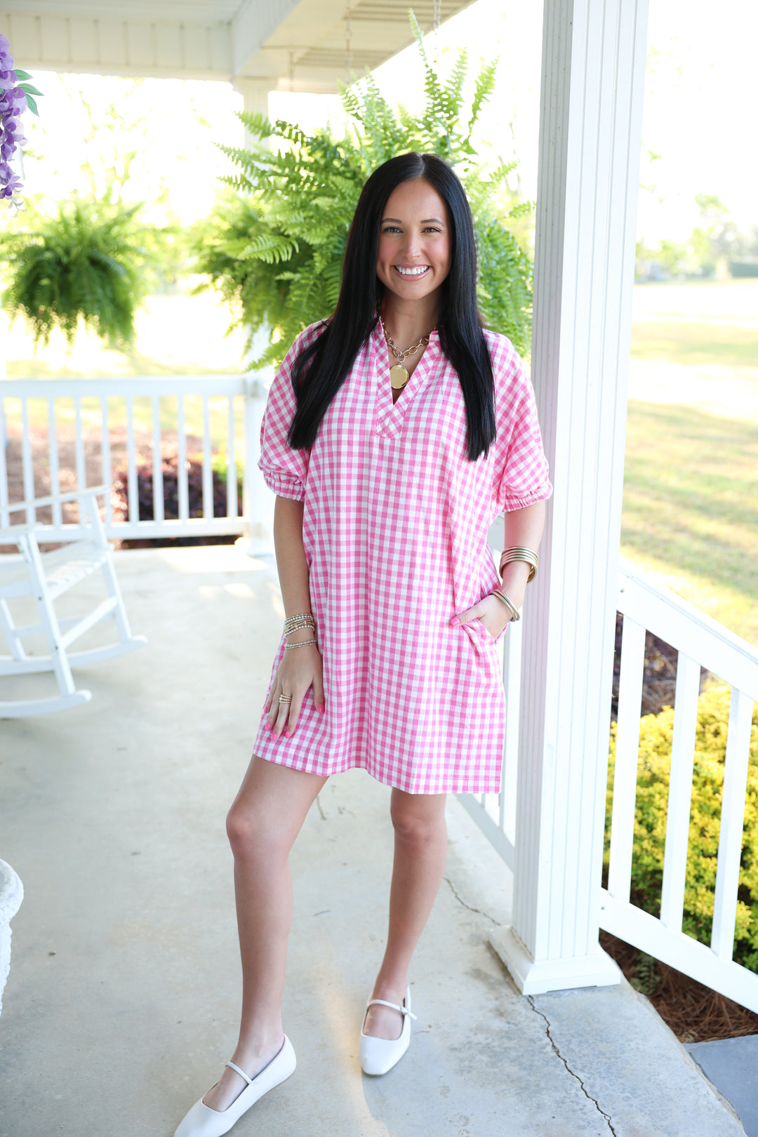 pink gingham print dress Peyton Gingham Active Mini Dress - Pink and White