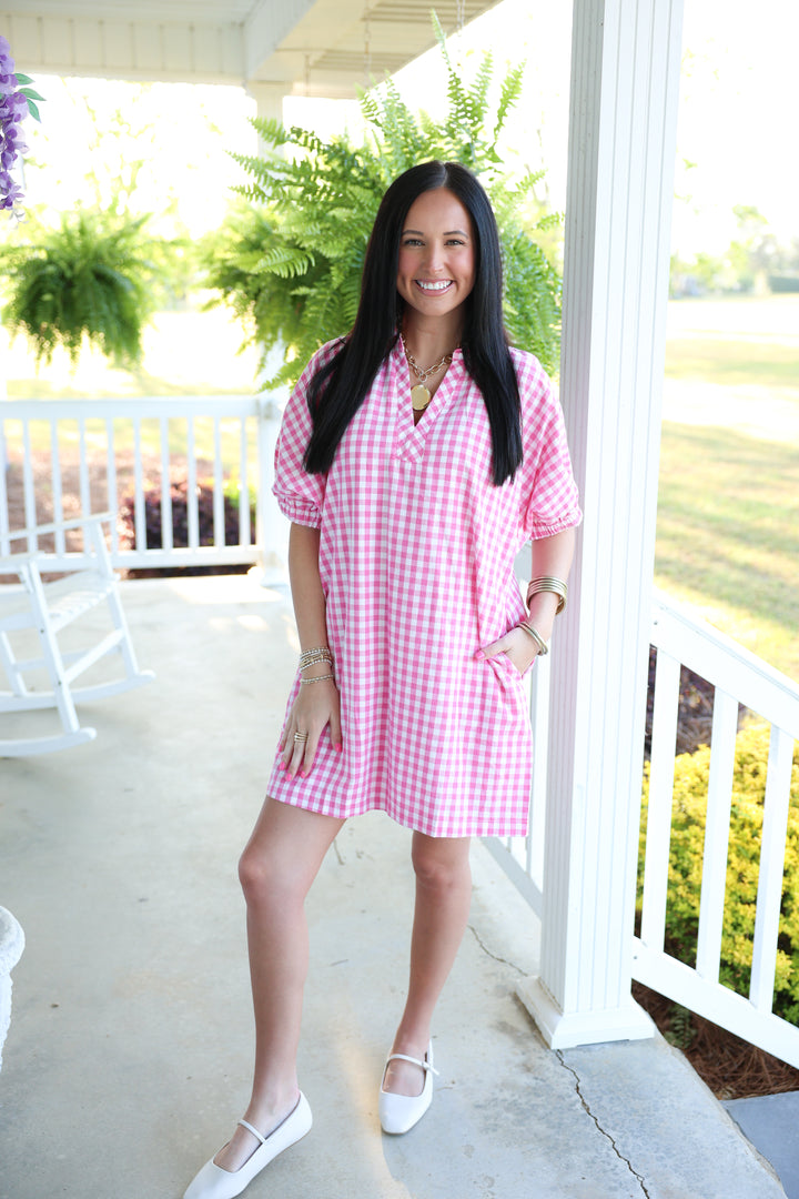Southern Gingham Print Dress "Pink"