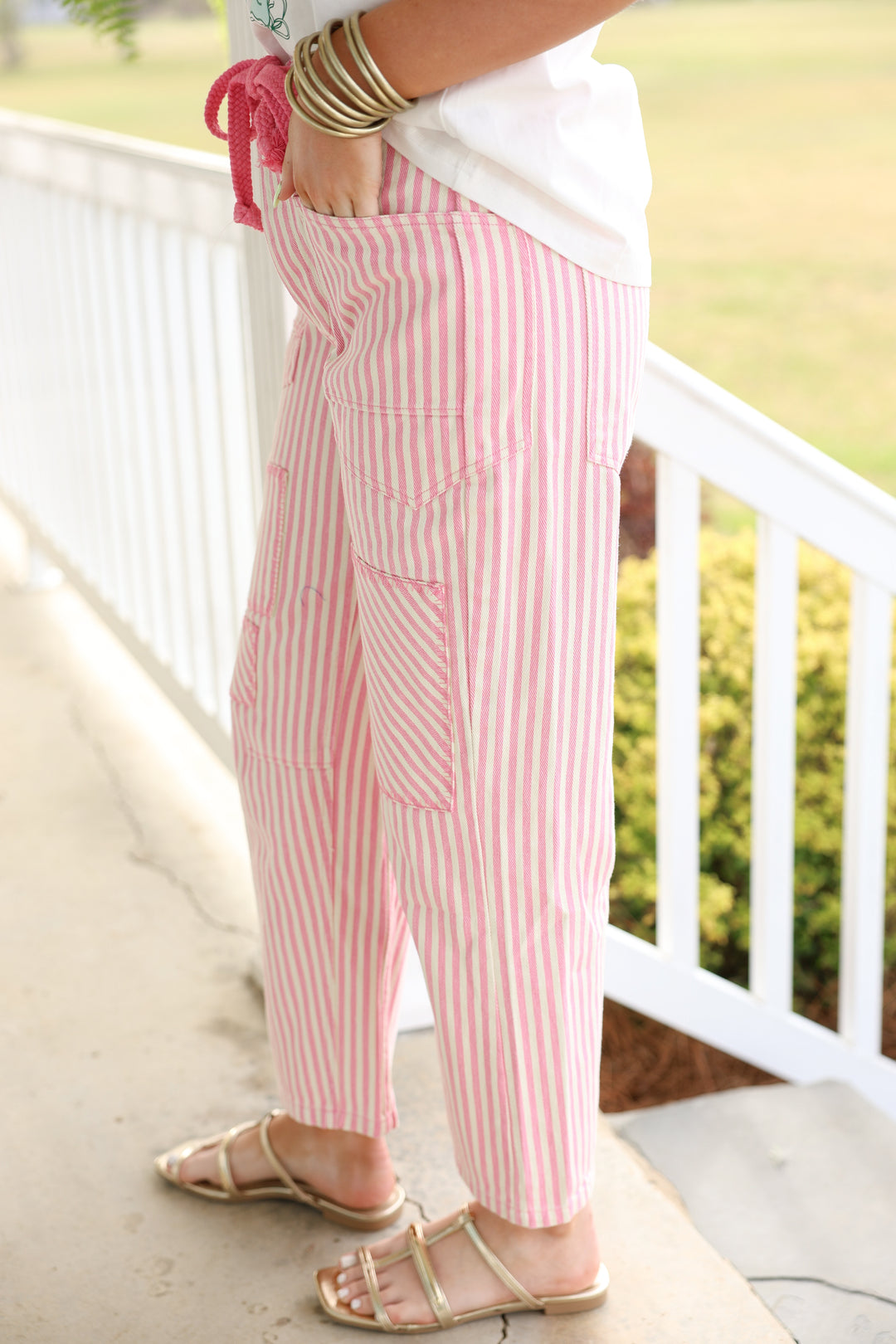 Cotton Braid Drawstring Waist Stripe Barrel Pants "Pink"