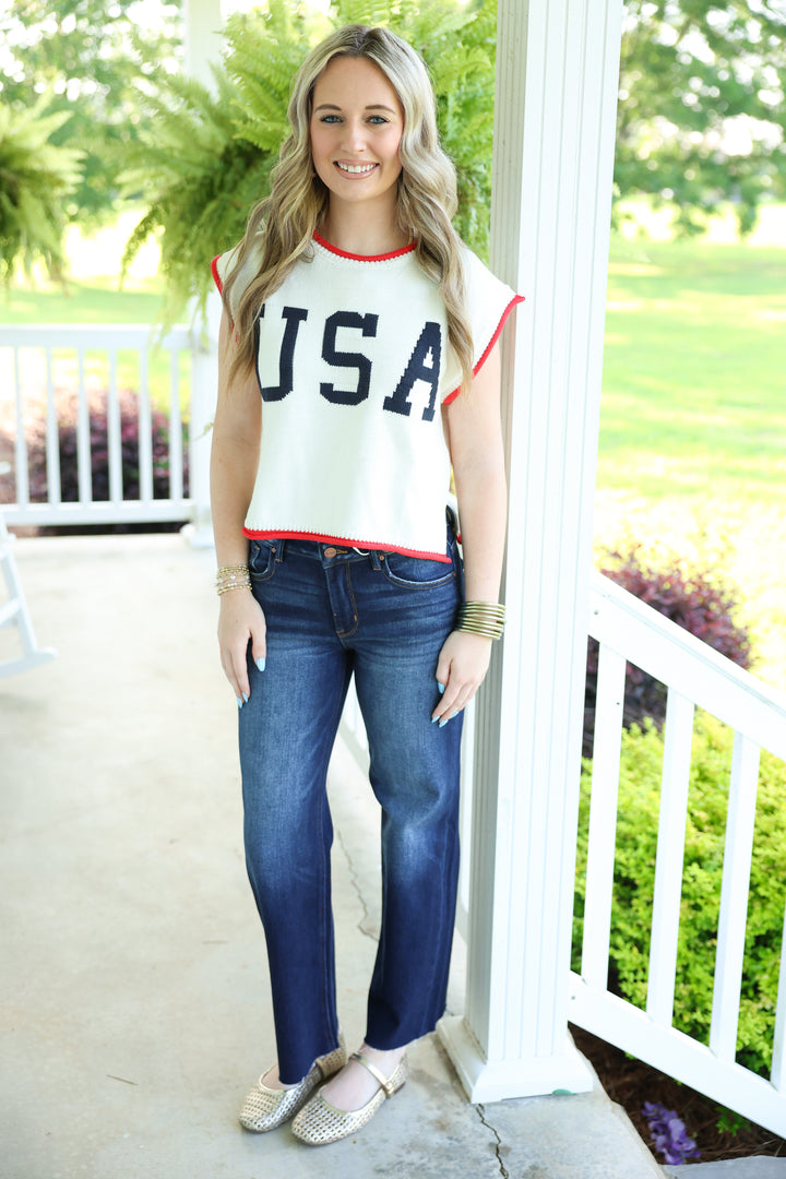 USA Graphic Cap Sleeve Top "Off White"