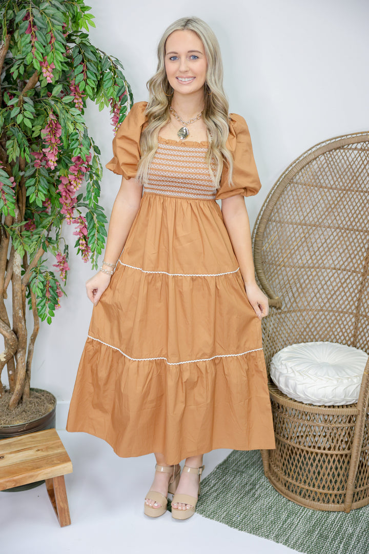 Cinnamon Poplin Smocked Dress