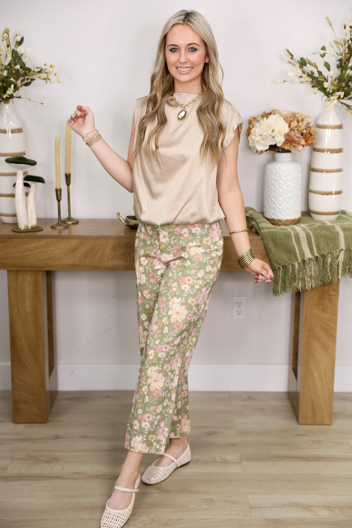 Olive Floral Printed Pants