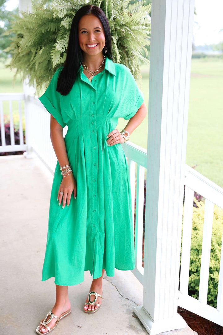 Solid Cuff Short Sleeve Pleated Midi Dress "Green"