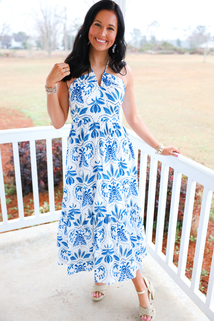 Happily Ever Halter Neck Dress "White/Blue"