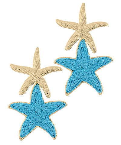 Linked Raffia & Metal Starfish Earrings "Turquoise/Gold"