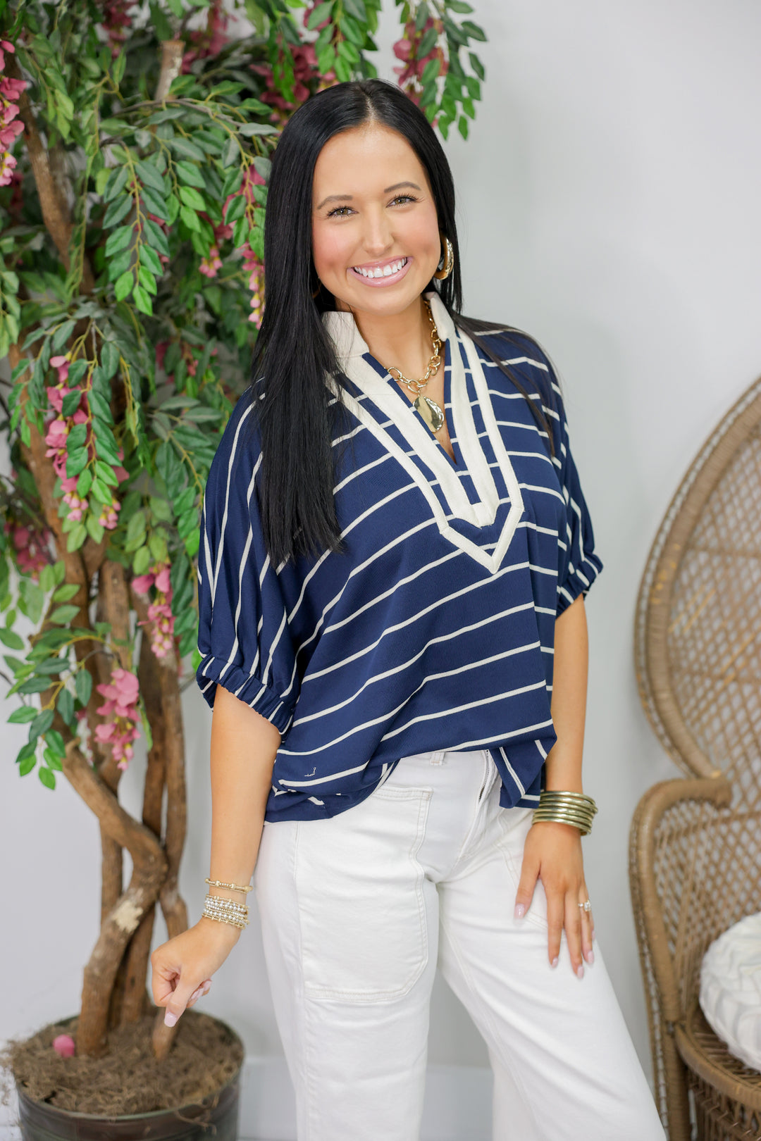Striped Short Dolman Sleeve Top "Navy"