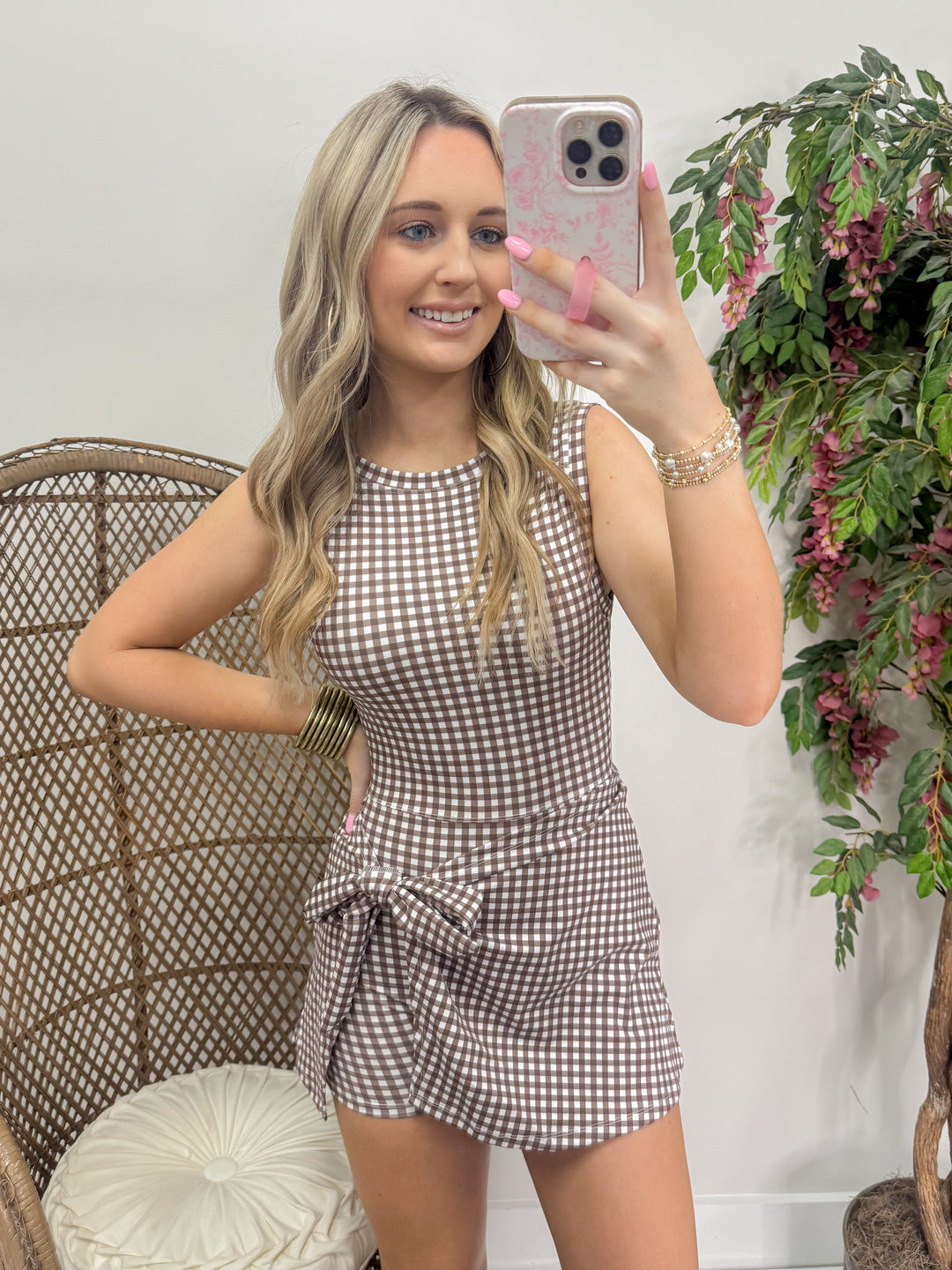 Gingham Print Sleeveless Wrap Tie Front Dress "Brown"