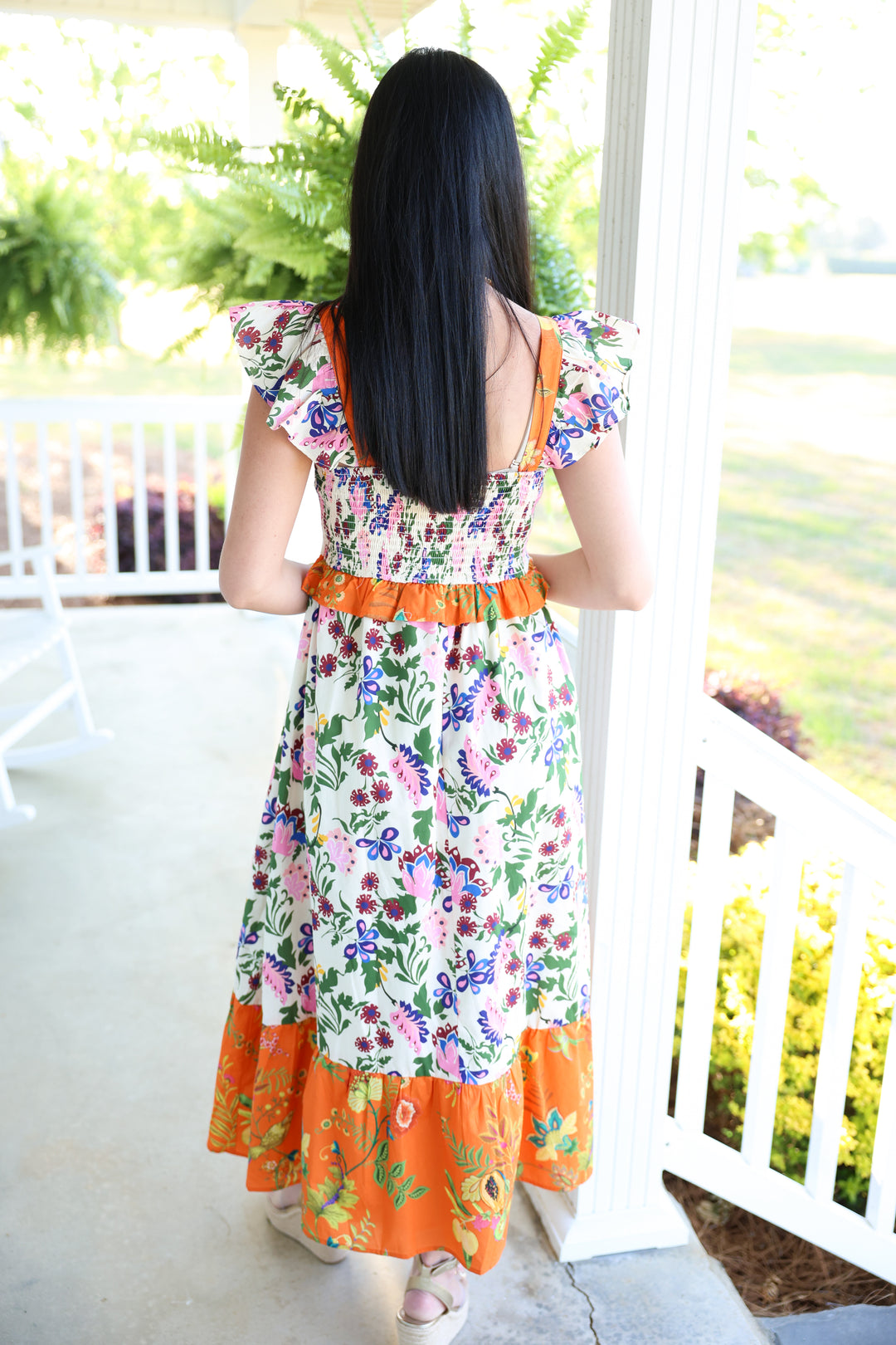 Exotic Garden Party Midi Dress "Orange Multi"
