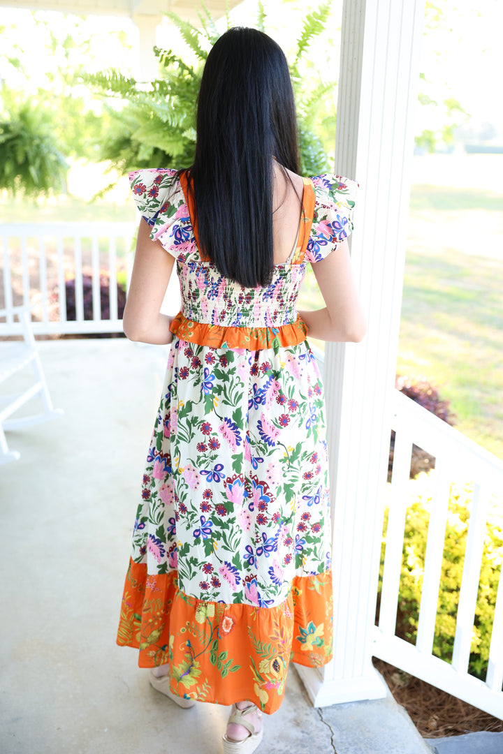 Exotic Garden Party Midi Dress "Orange Multi"