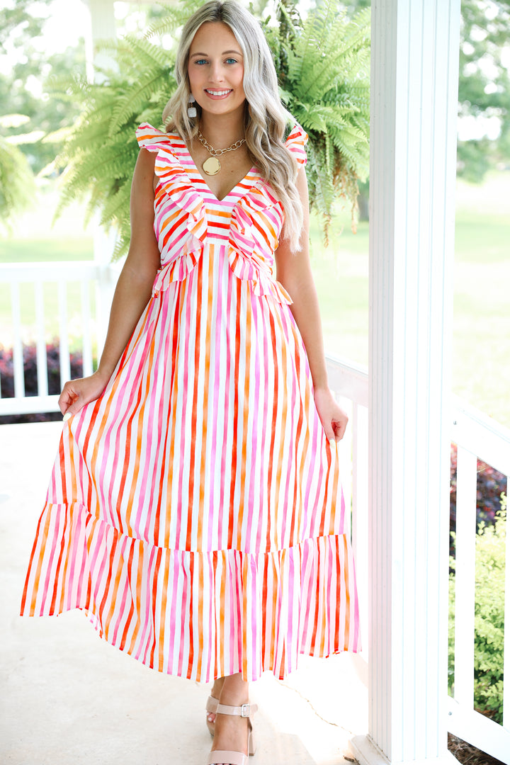 Pretty Poplin V-Neck Dress "Pink/Red"