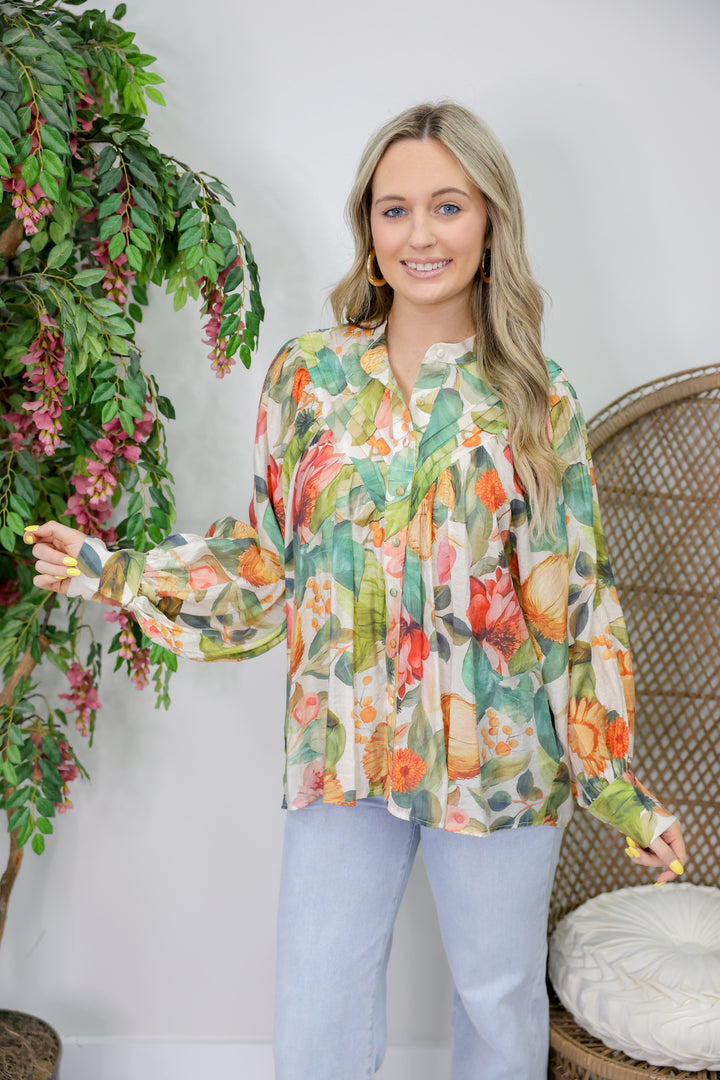 Floral Printed Button Down "Forest Bloom"