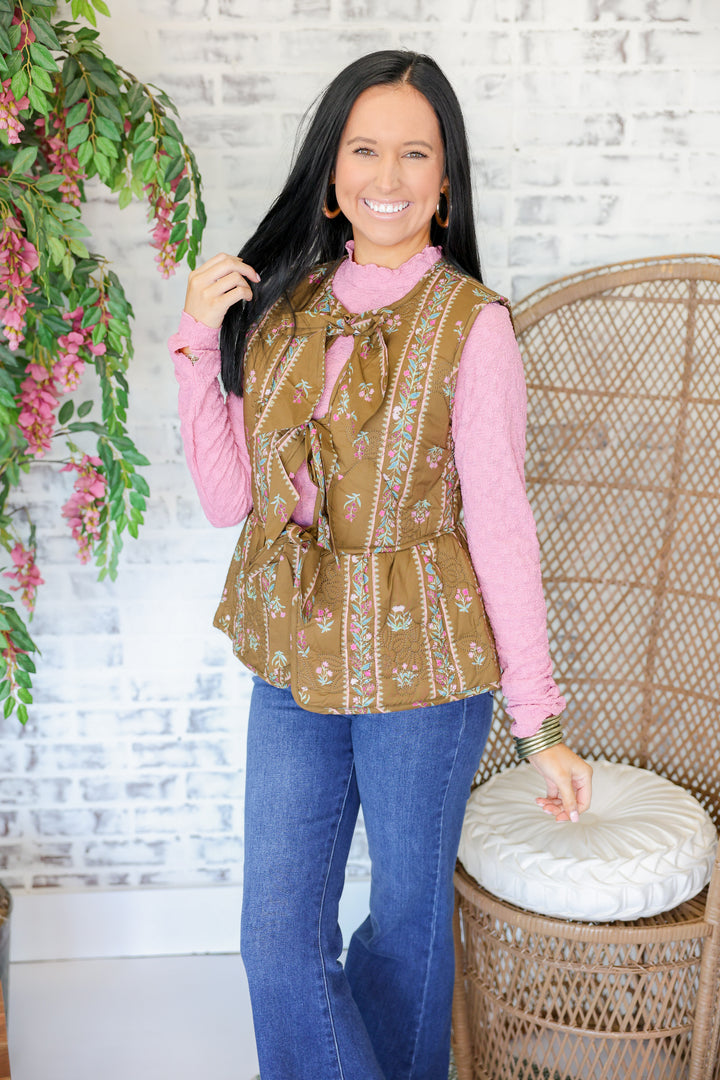 Botanical Print Sleeveless Peplum Vest "Brown"