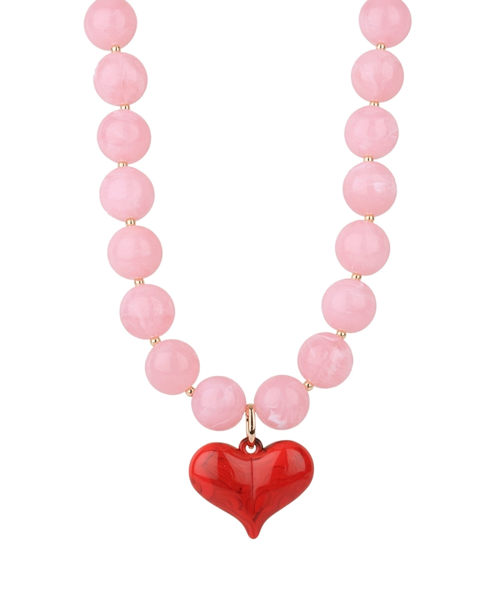 Puffy Heart & Marble Ball Necklace "Light Pink/Red"