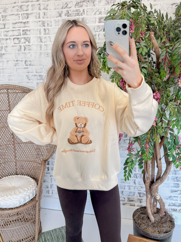 Crew Neck Long Sleeve "Coffee Time" Graphic Sweatshirt "Cream"