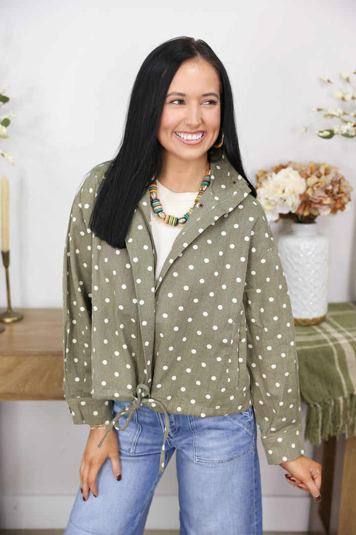 Polka dot Collared Long Sleeve Jacket "Olive"