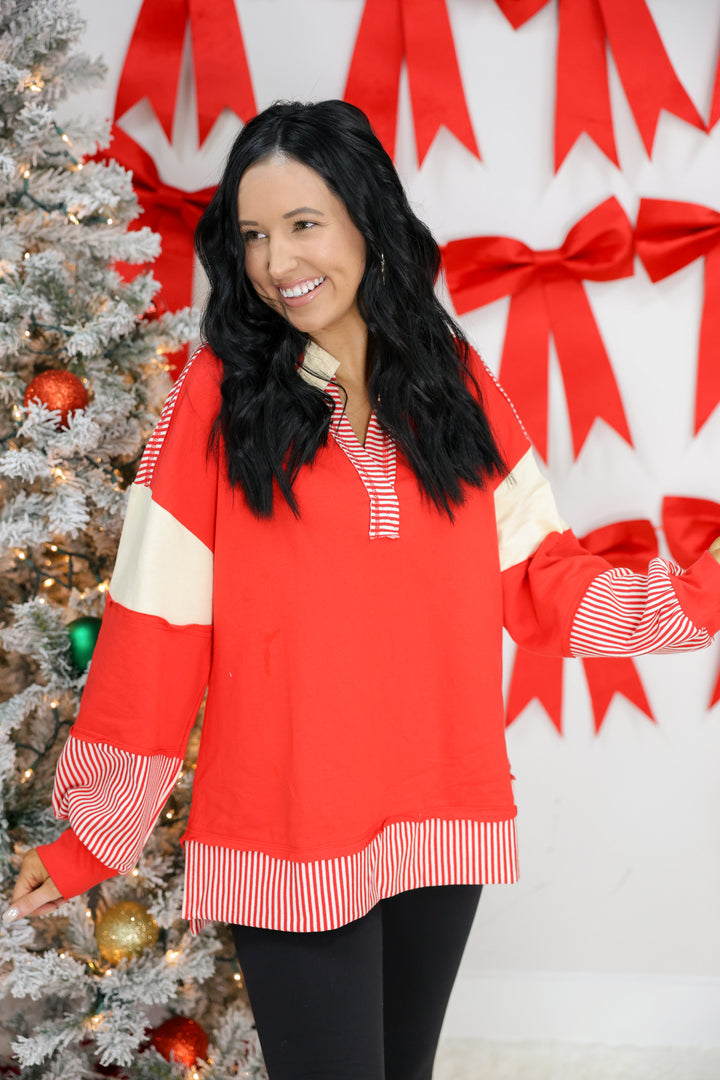 Colorblock Solid & Stripe Casual Knit Top "Red"