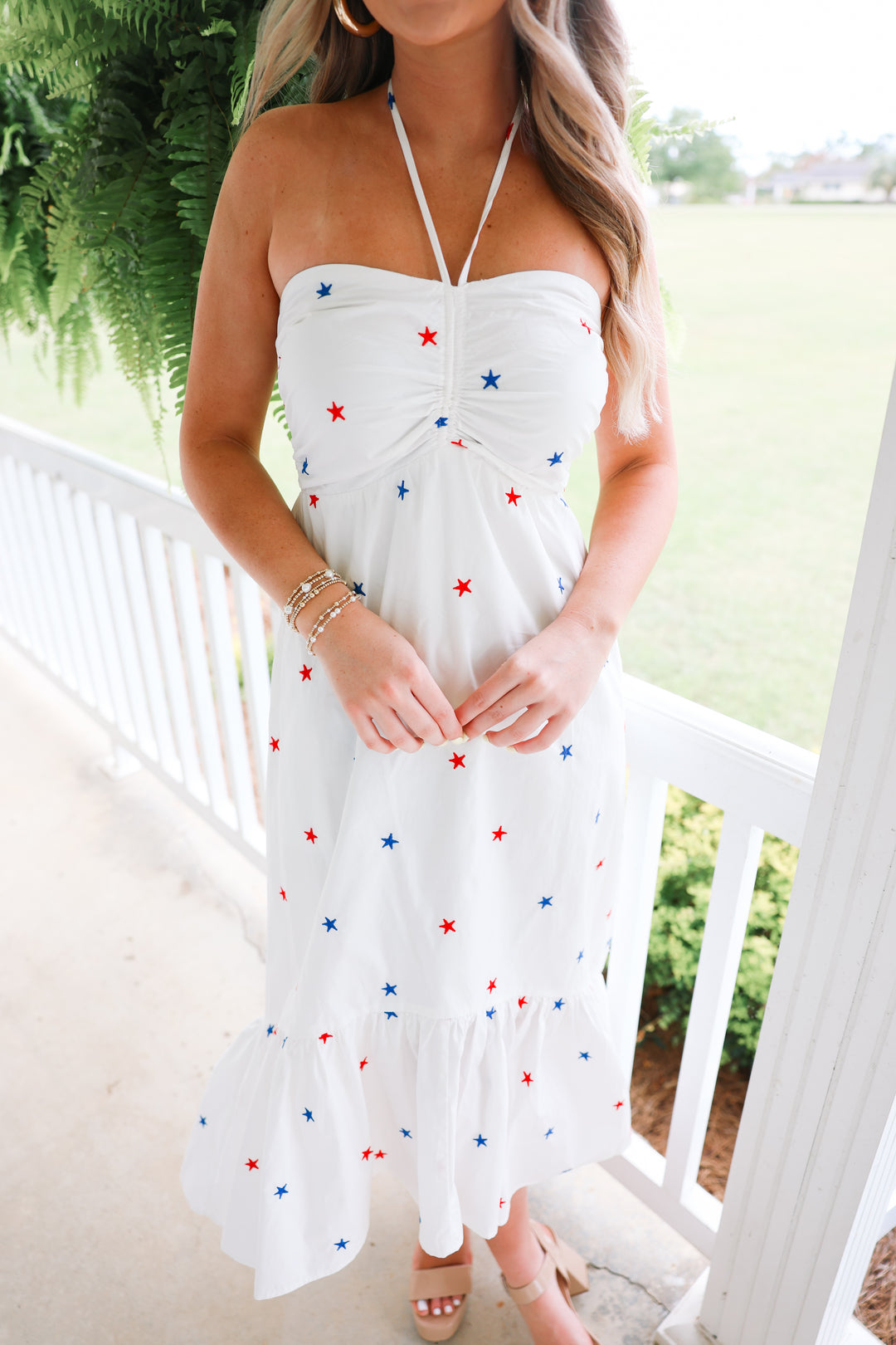 Star Embroidered Halter Midi Dress